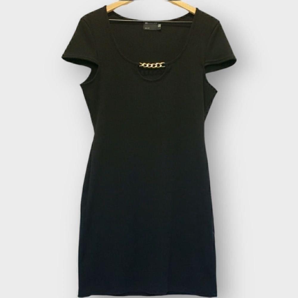 ASOS Design Black Ribbed Cut Out Mini Dress Chain Size 12 NWT
